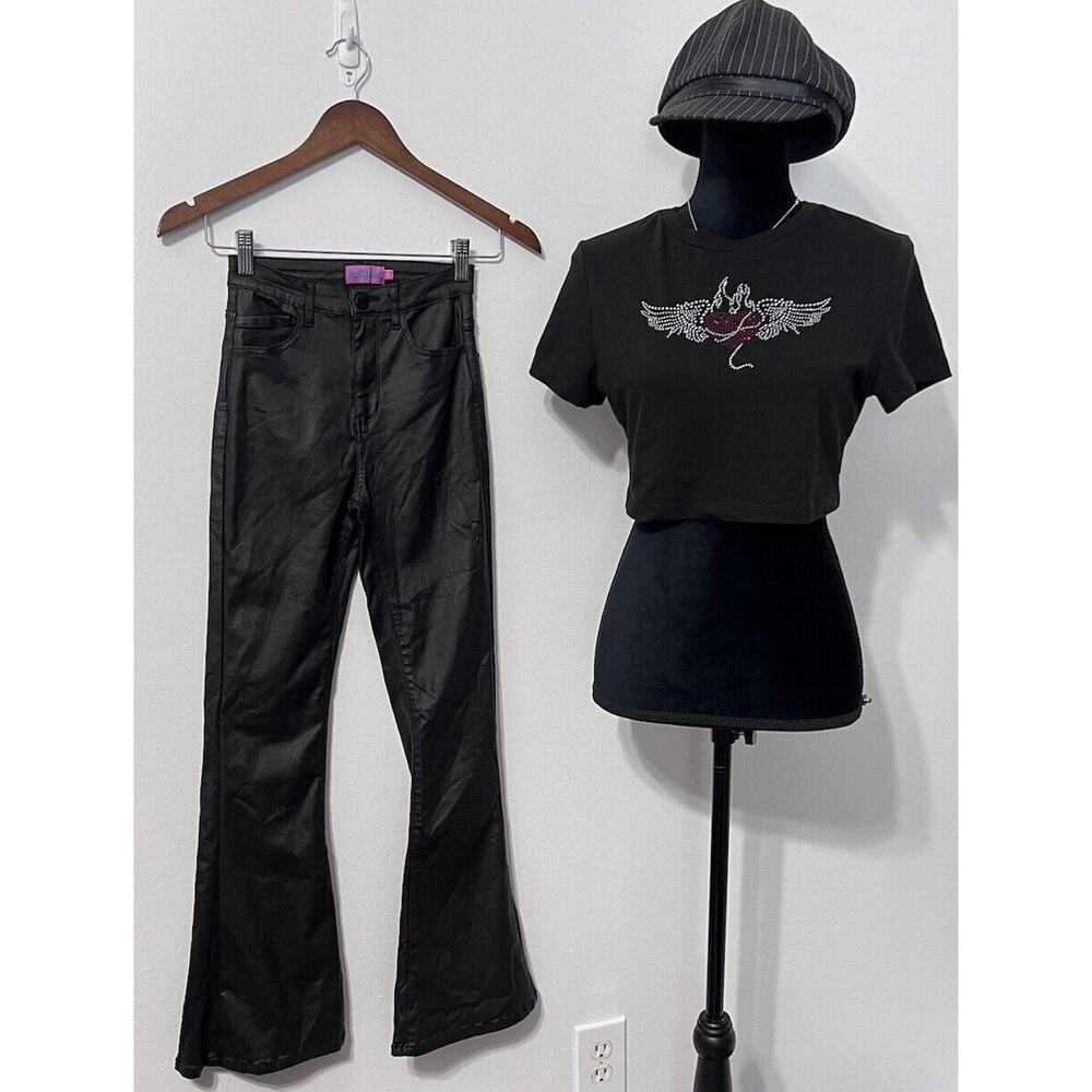 Y2K Black Jeans Waxy Faux Leather XS Flare Bell Rave Rock‎ Goth Stretch Hippie